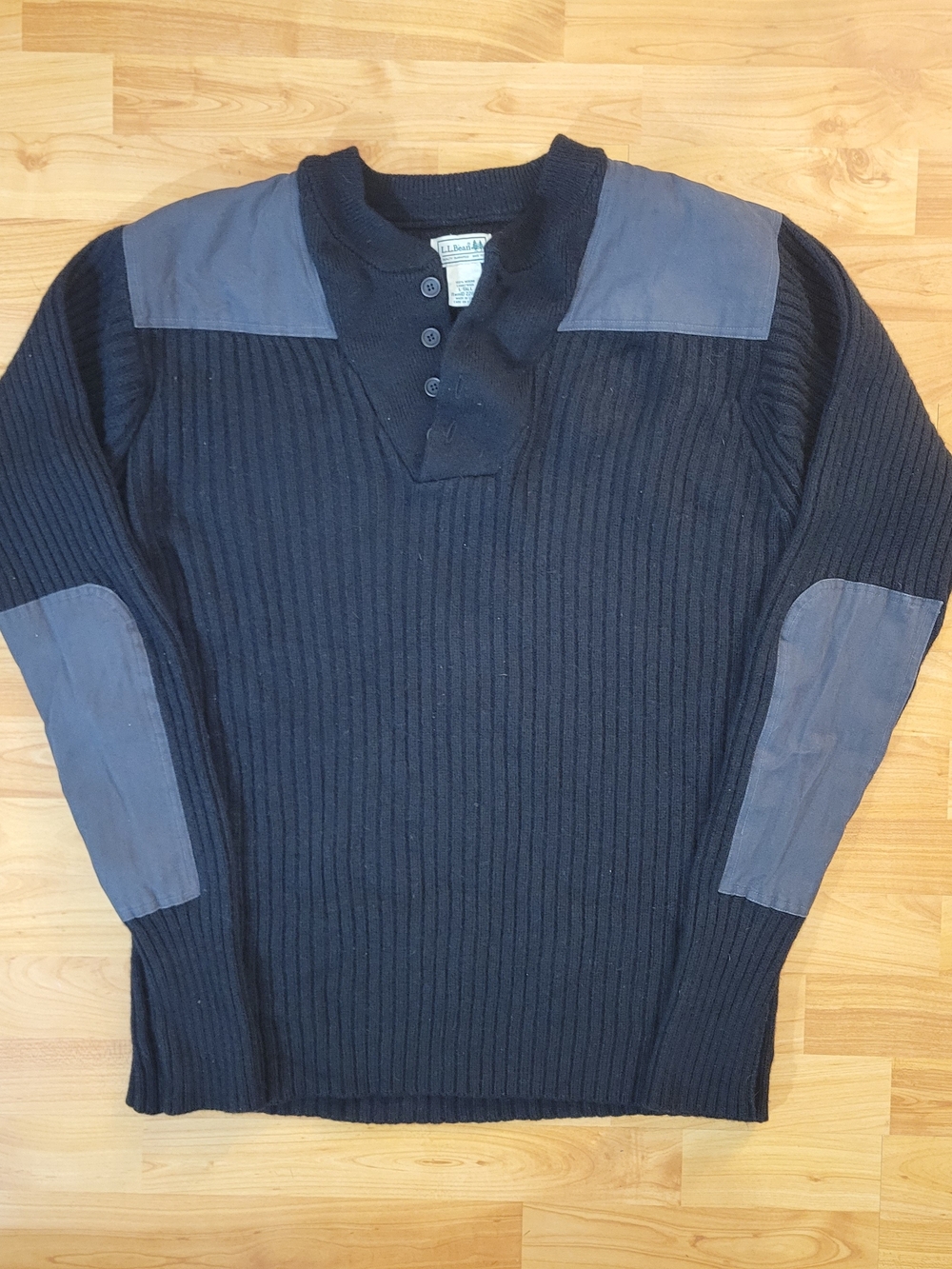 LL Bean Commando Sweater Henley Black Merino Lambs Wool Elbow Patches Large Tall